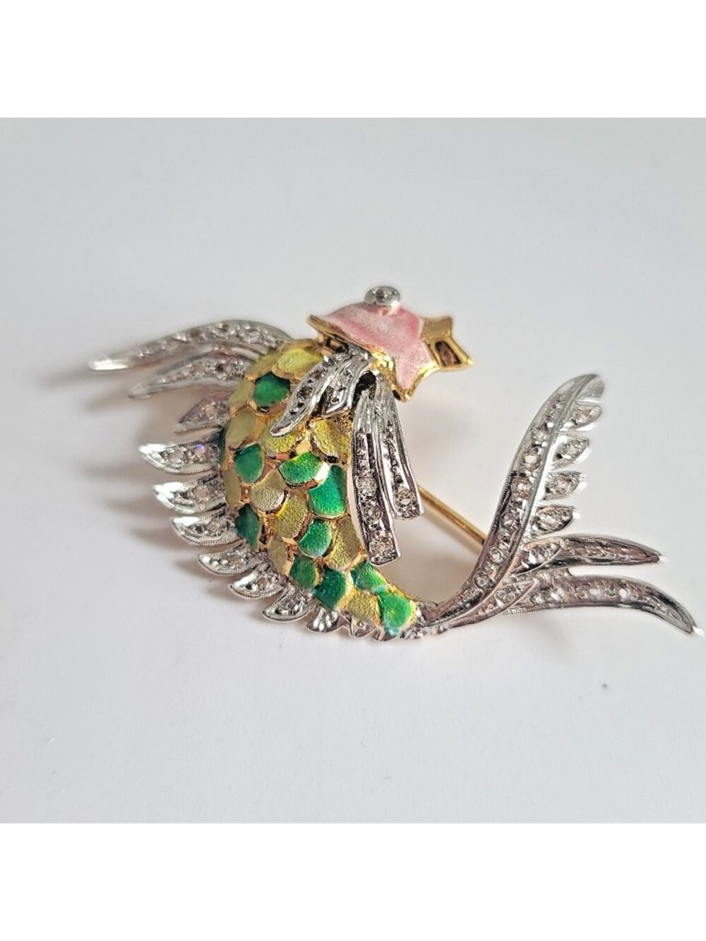 Vintage 925 Sterling Silver Green Pink Enamel Fish Brooch Marcasite Tropical Koi